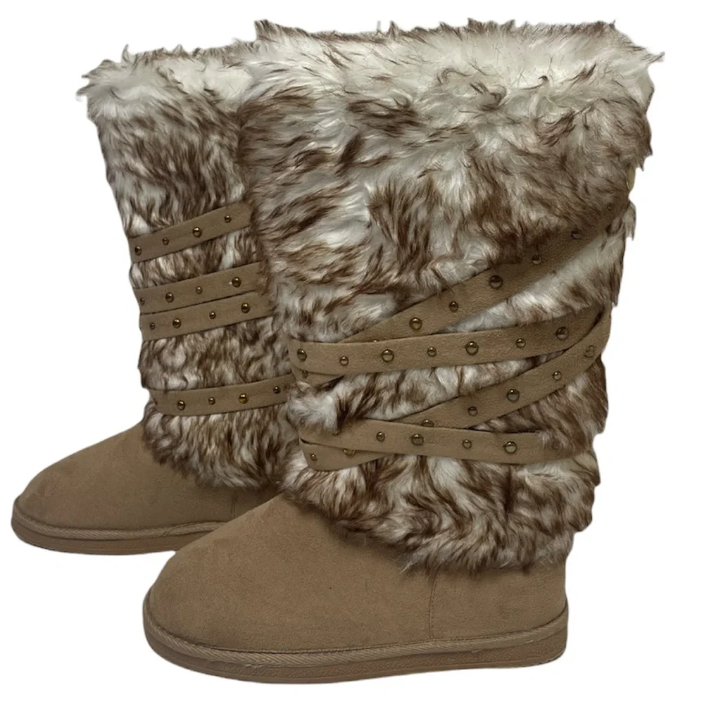 Fur Boots Tall Knee High Winter Snow Boots Neutral Beige Taupe Womens Size 10